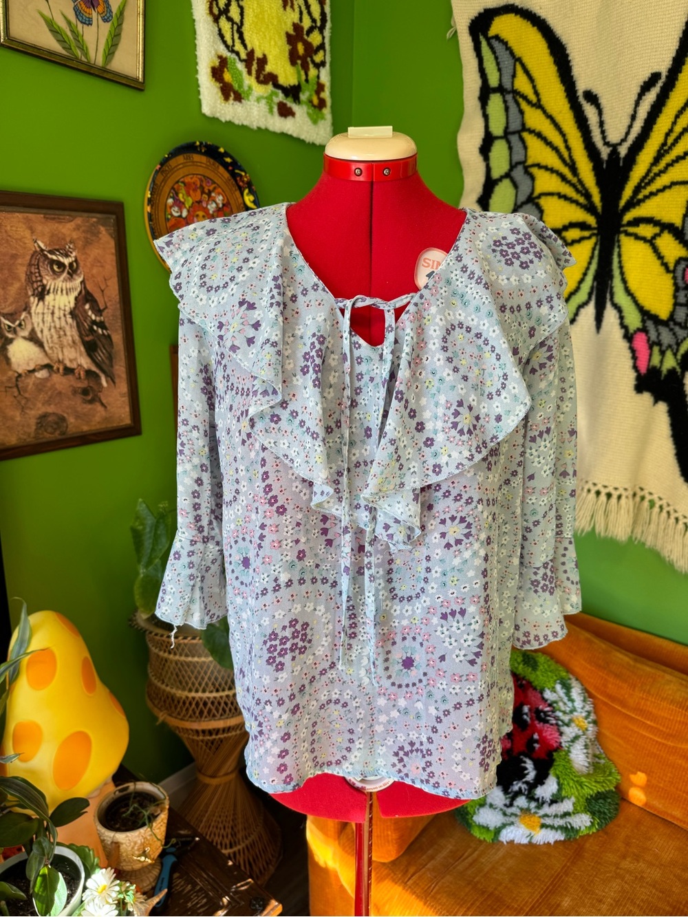 Light Blue Floral Ruffle Tie-Neck Blouse